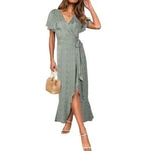 Abercrombie & Fitch Wrap Midi Dress Large sage green flutter ruffle